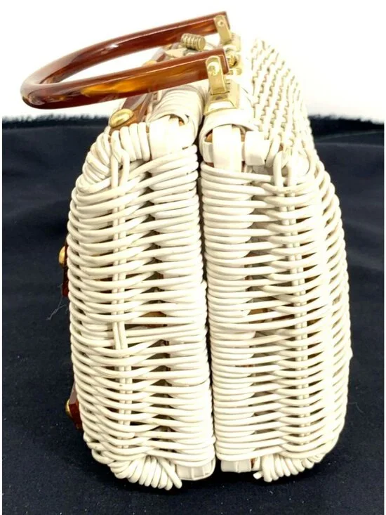 Vintage Purse Nylon Wicker Woven Lucite Handbag British Hong Kong 9" Wide - Picture 7 of 11